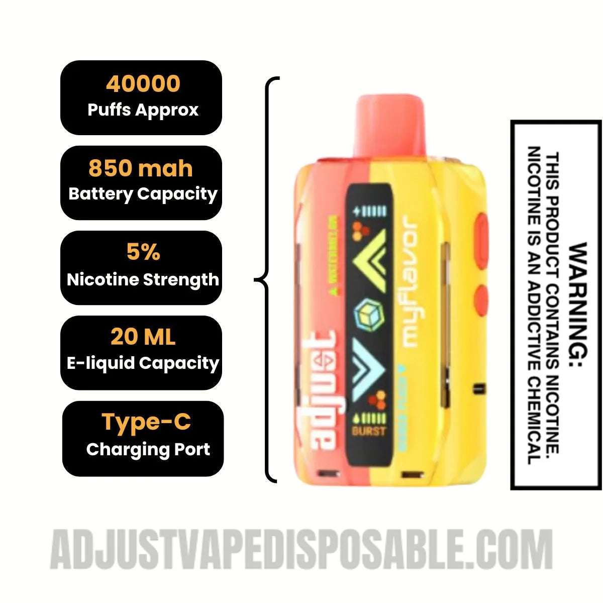 Watermelon Mango Peach Adjust MyFlavor 40K Vape Specifications Watermelon Mango Peach Adjust MyFlavor 40K Vape Specifications