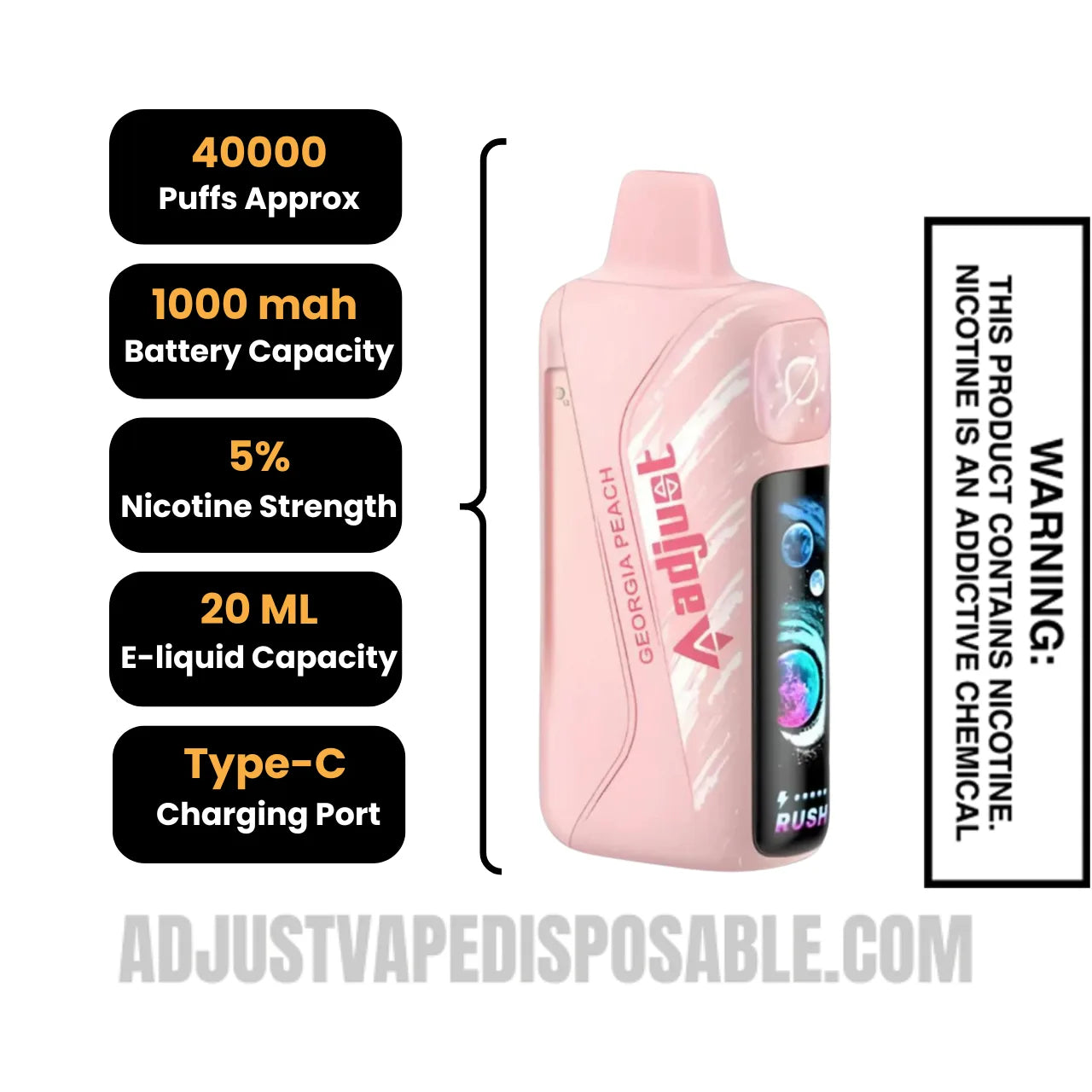 Georgia Peach Adjust MyRusher 40K Disposable Vape specifications