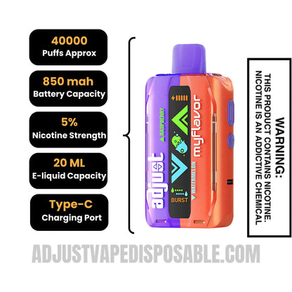 Raspberry Watermelon Adjust MyFlavor 40K Disposable Vape with Specifications