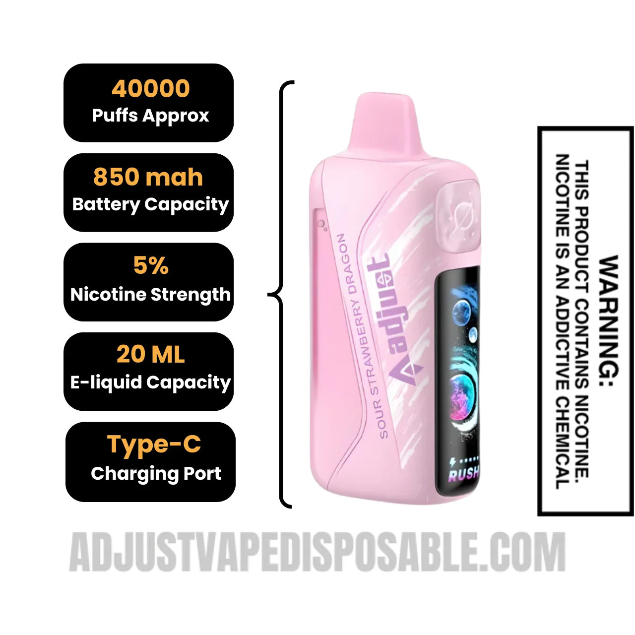 Sour Strawberry Dragon Adjust MyRusher 40K Disposable Vape with Specifications