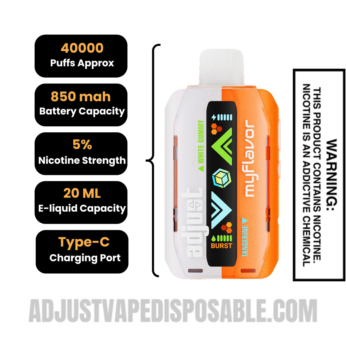 Tangerine White Gummy Adjust MyFlavor 40K Vape Specifications